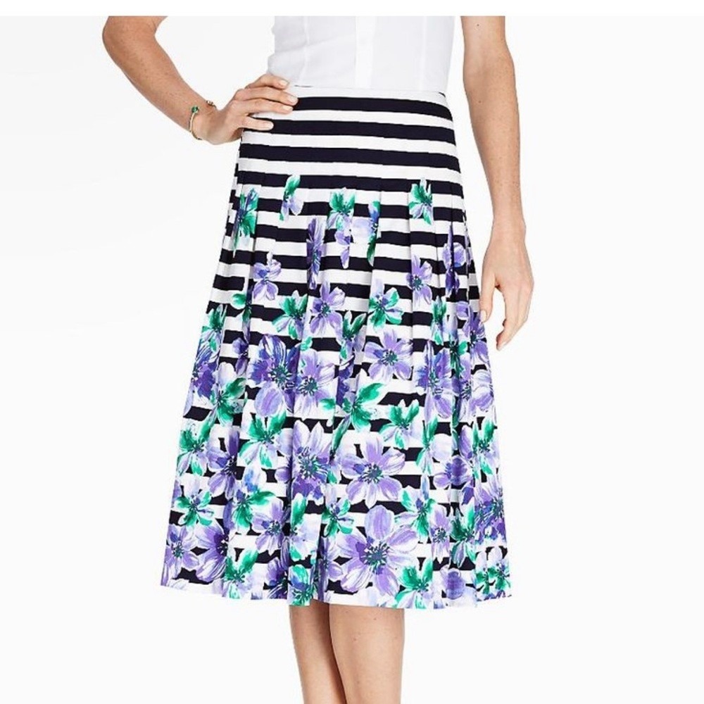 Talbots Womens Stripes Orchids Floral Pleated Skirt Size 16 Garden Cottagecore